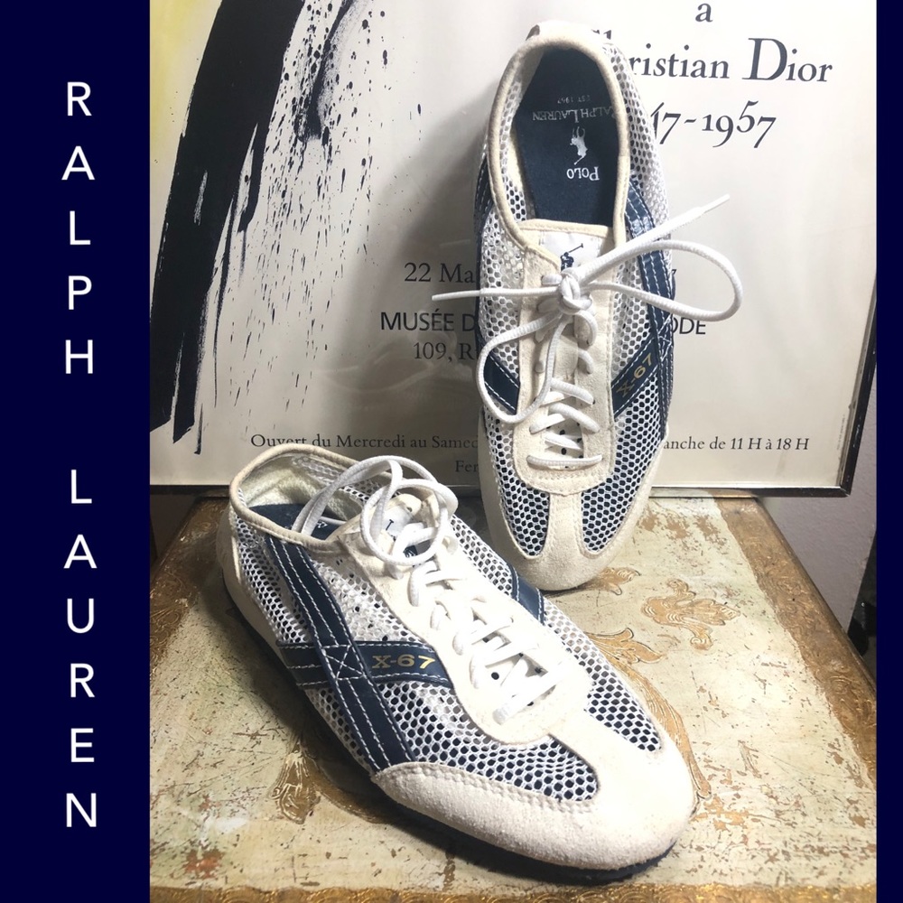 SZ6-RALPH LAUREN WHITE/CREAM/NAVY LEATHER SNEAKERS
